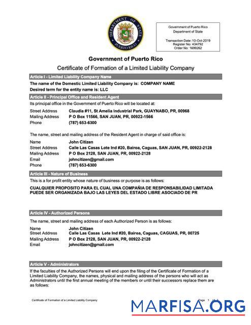 Printable Puerto Rico certificate of formation of a limited liability company Word and PDF template, versi